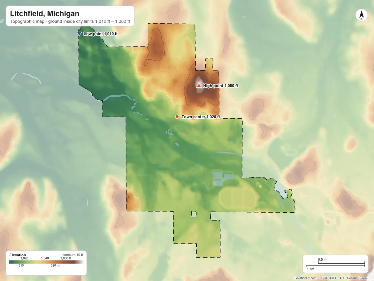 Topographic elevation map of Litchfield, Michigan, shaded from 1,010 ft on the northwest side to 1,080 ft on the northeast side