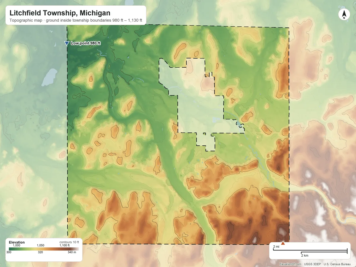 Topographic elevation map of Litchfield Township, Michigan, shaded from 980 ft on the northwest side to 1,130 ft on the southeast side