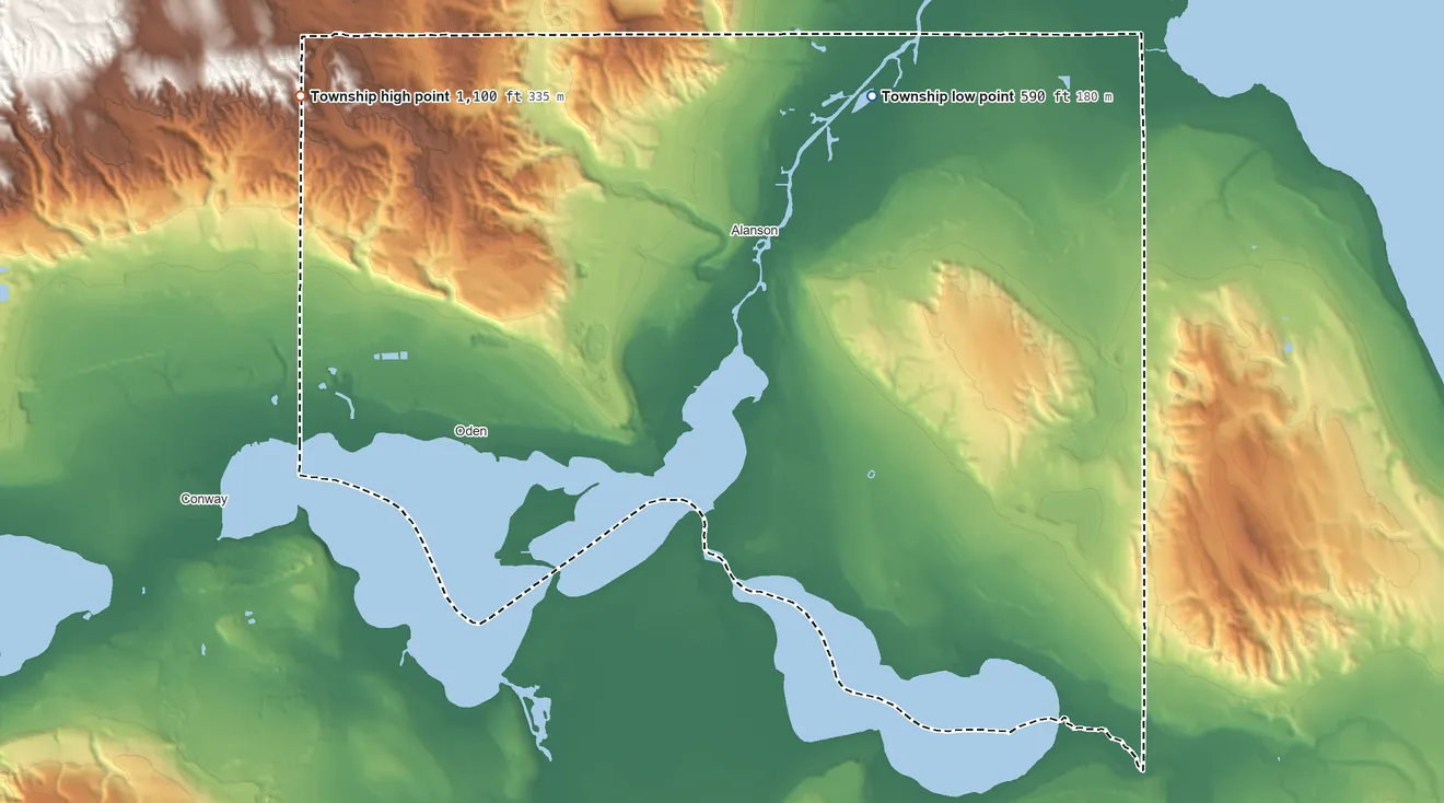 Topographic elevation map of Littlefield Township, Michigan, shaded from 590 ft on the northeast side to 1,100 ft on the northwest side