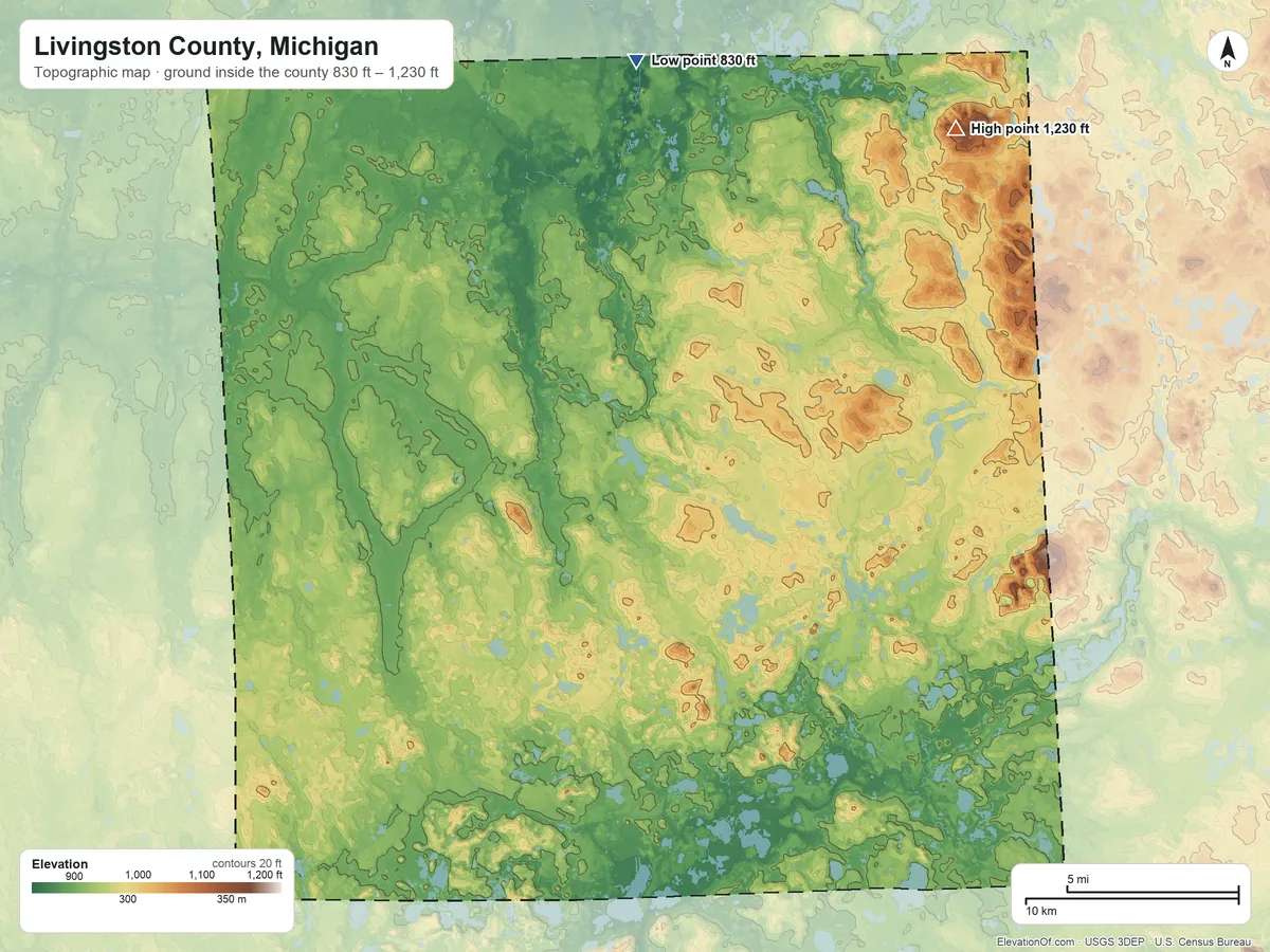 Topographic elevation map of Livingston County, Michigan, shaded from 830 ft on the north side to 1,230 ft on the northeast side