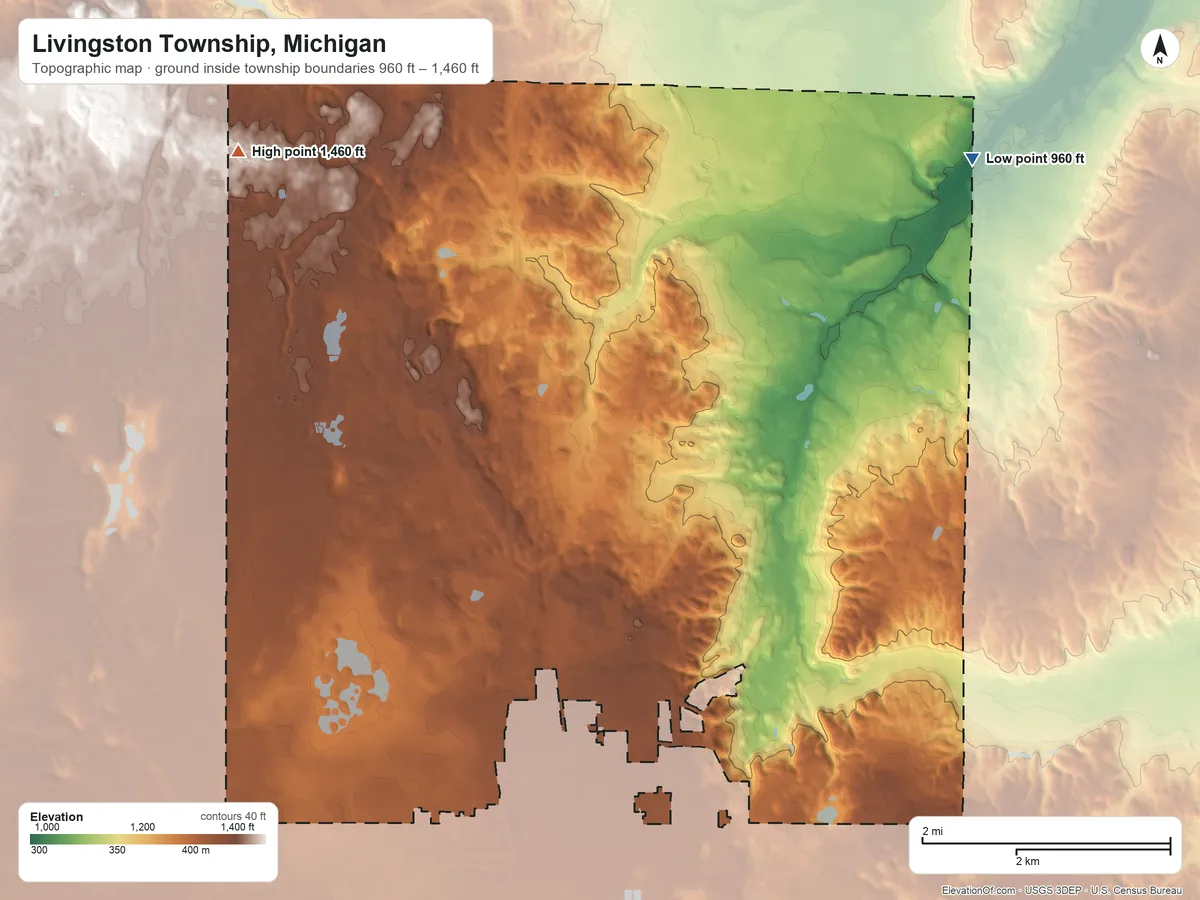 Topographic elevation map of Livingston Township, Michigan, shaded from 960 ft on the northeast side to 1,460 ft on the northwest side