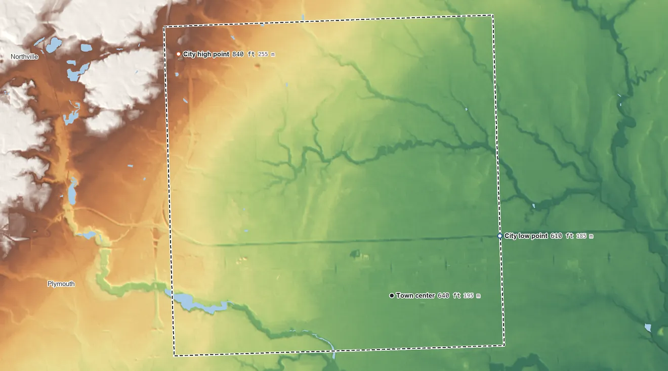 Topographic elevation map of Livonia, Michigan, shaded from 610 ft on the northeast side to 840 ft on the northwest side