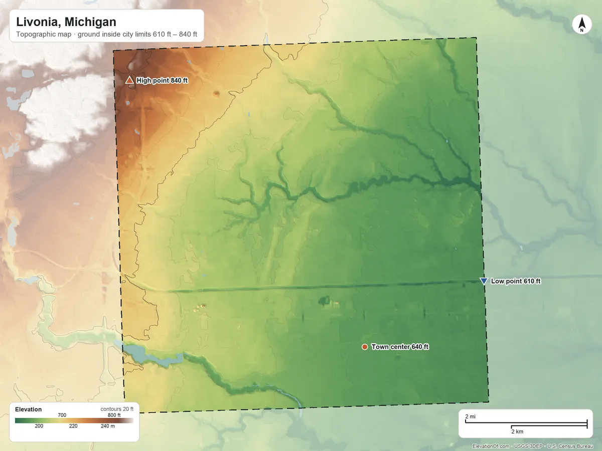 Topographic elevation map of Livonia, Michigan, shaded from 610 ft on the northeast side to 840 ft on the northwest side