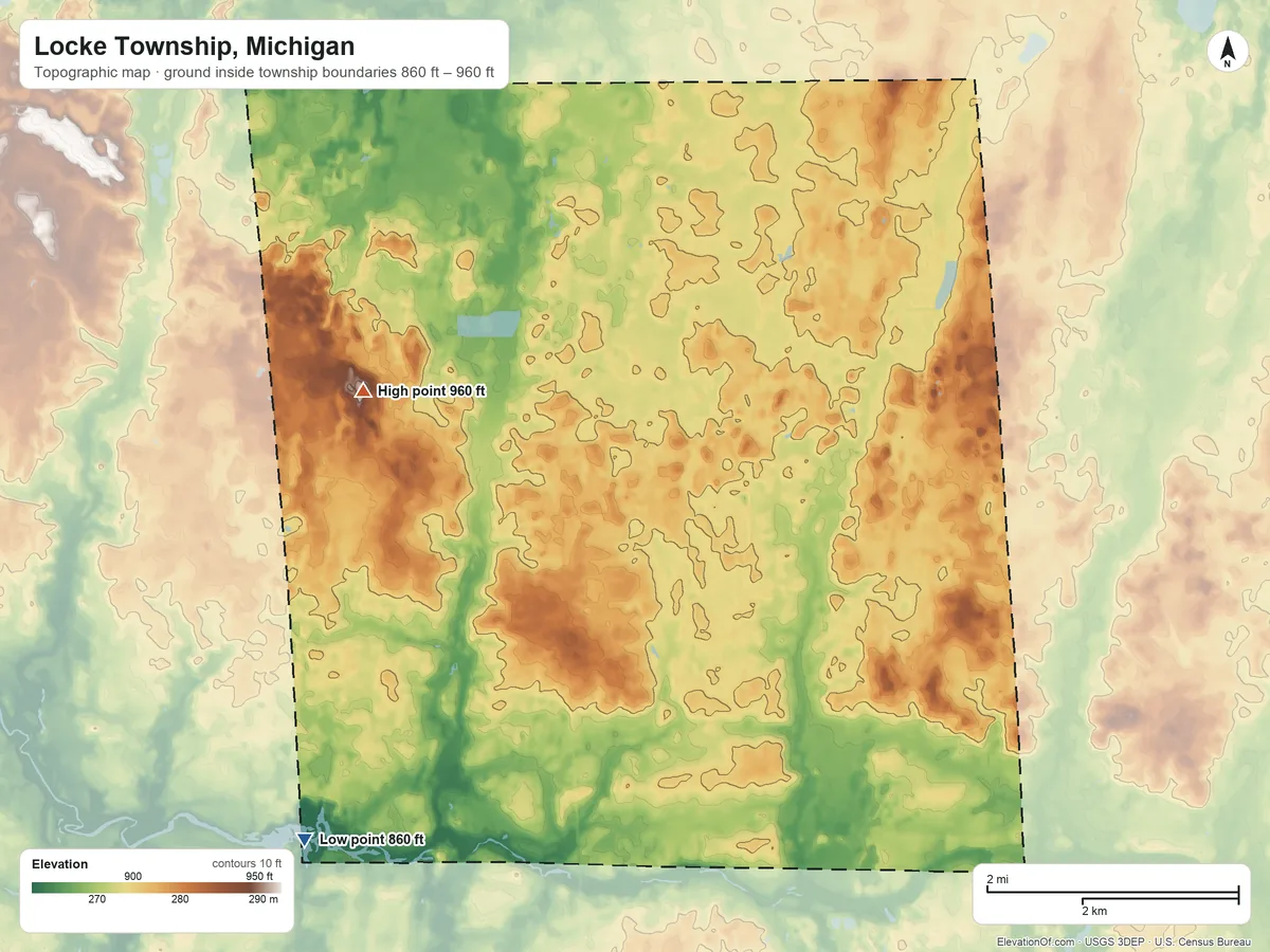 Topographic elevation map of Locke Township, Michigan, shaded from 860 ft on the southwest side to 960 ft on the northwest side