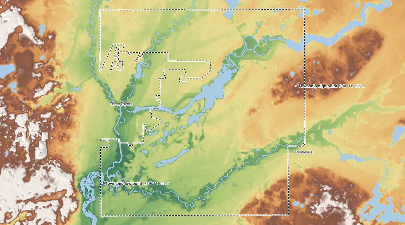 Topographic elevation map of Lockport Township, Michigan, shaded from 780 ft on the southwest side to 900 ft on the east side