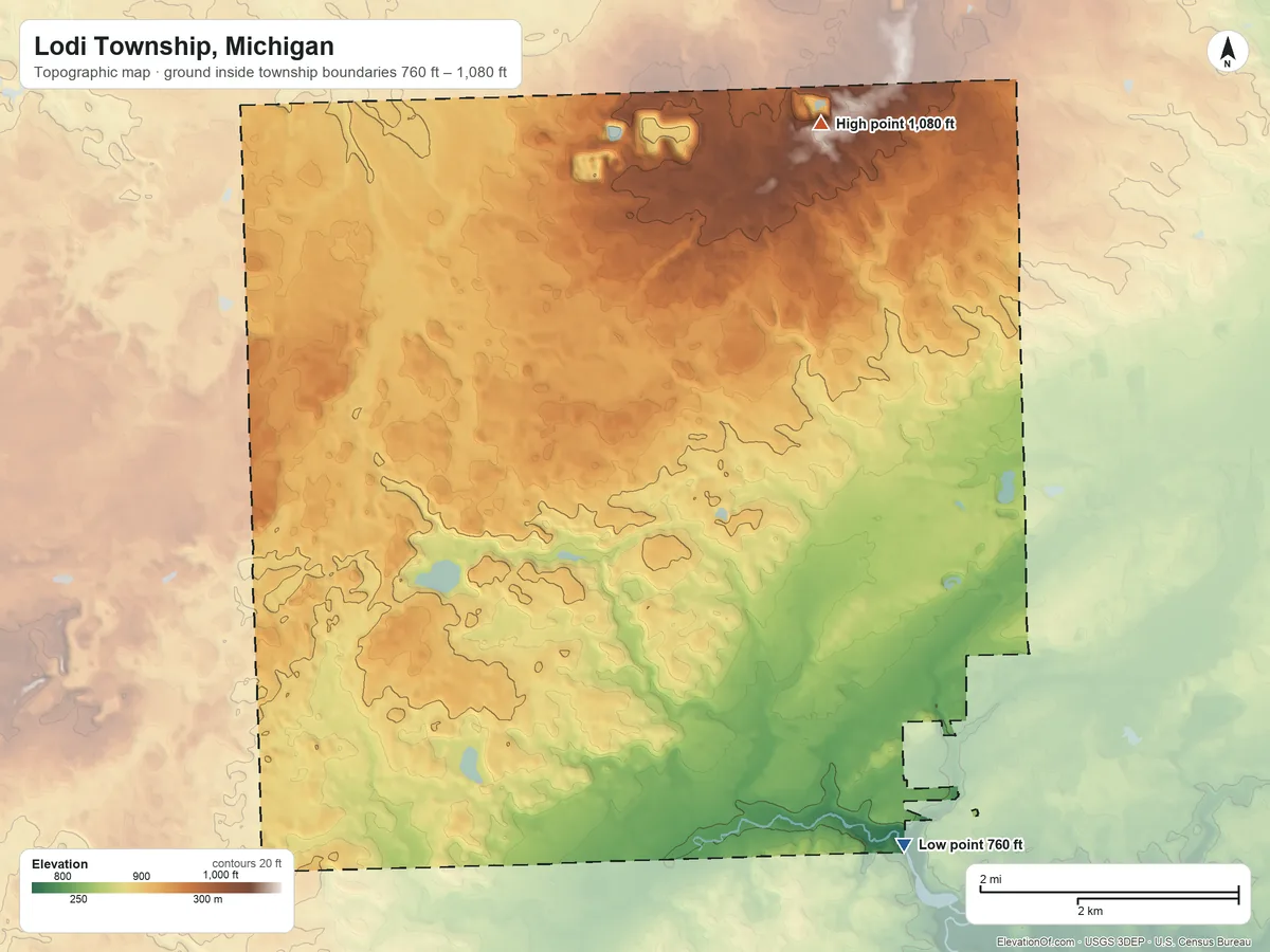 Topographic elevation map of Lodi Township, Michigan, shaded from 760 ft on the south side to 1,080 ft on the north side
