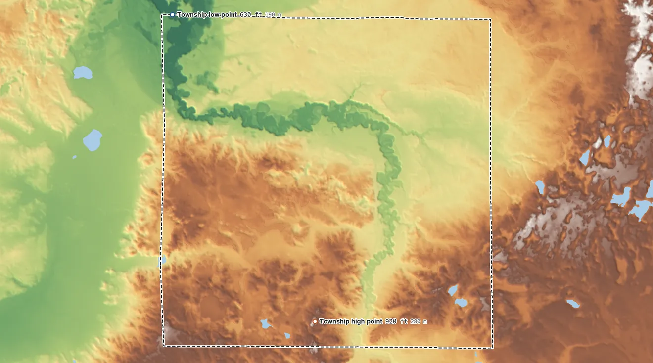 Topographic elevation map of Logan Township, Mason County, Michigan, shaded from 630 ft on the northwest side to 920 ft on the south side