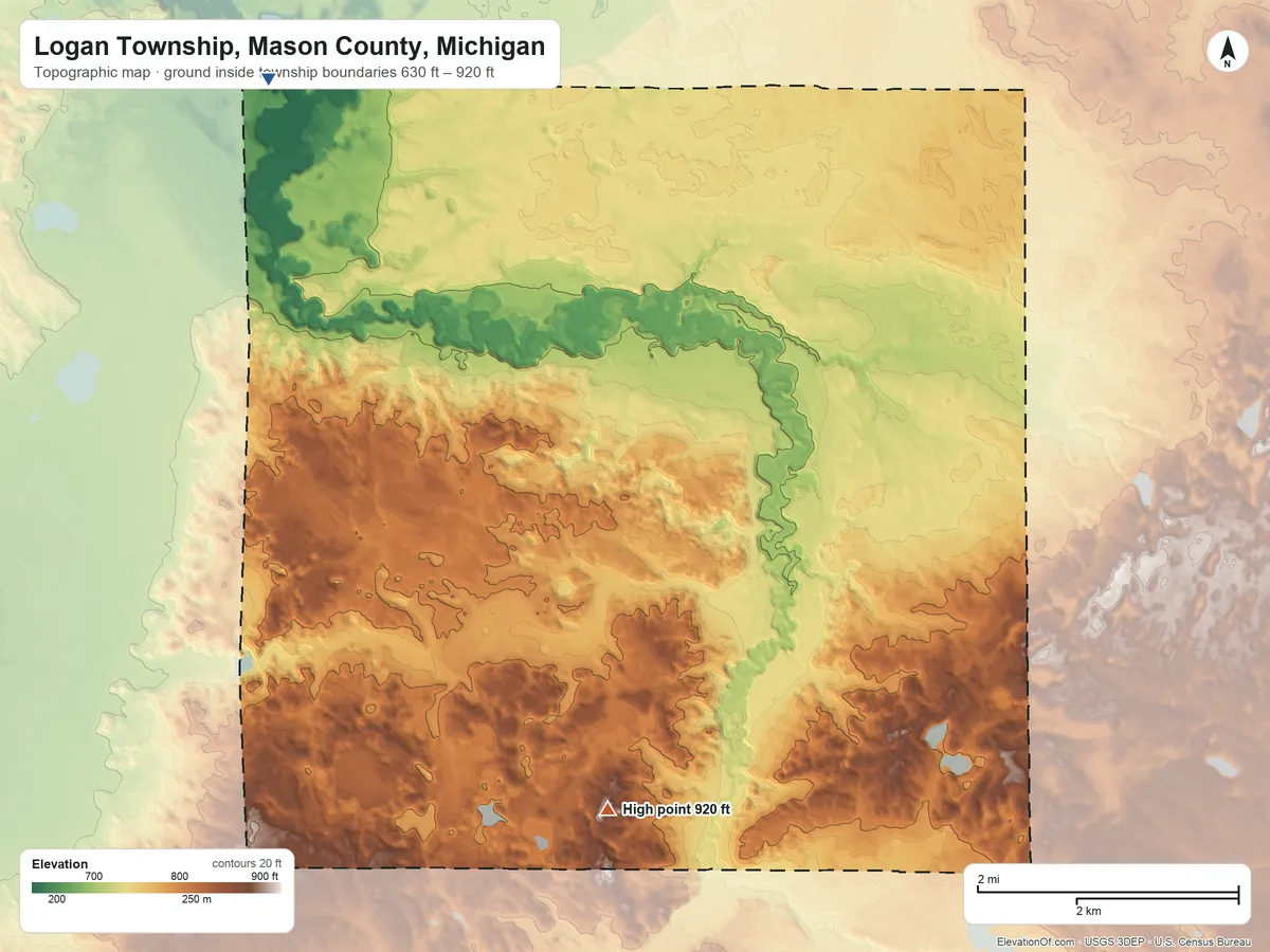 Topographic elevation map of Logan Township, Mason County, Michigan, shaded from 630 ft on the northwest side to 920 ft on the south side