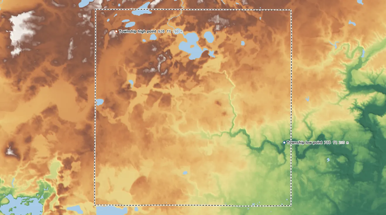 Topographic elevation map of Logan Township, Michigan, shaded from 780 ft on the east side to 920 ft on the northwest side