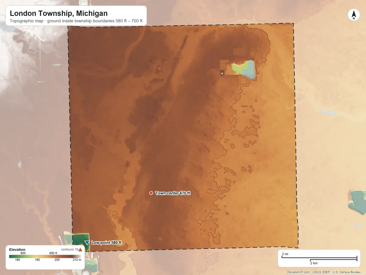 Topographic elevation map of London Township, Michigan, shaded from 580 ft on the southwest side to 700 ft on the southwest side