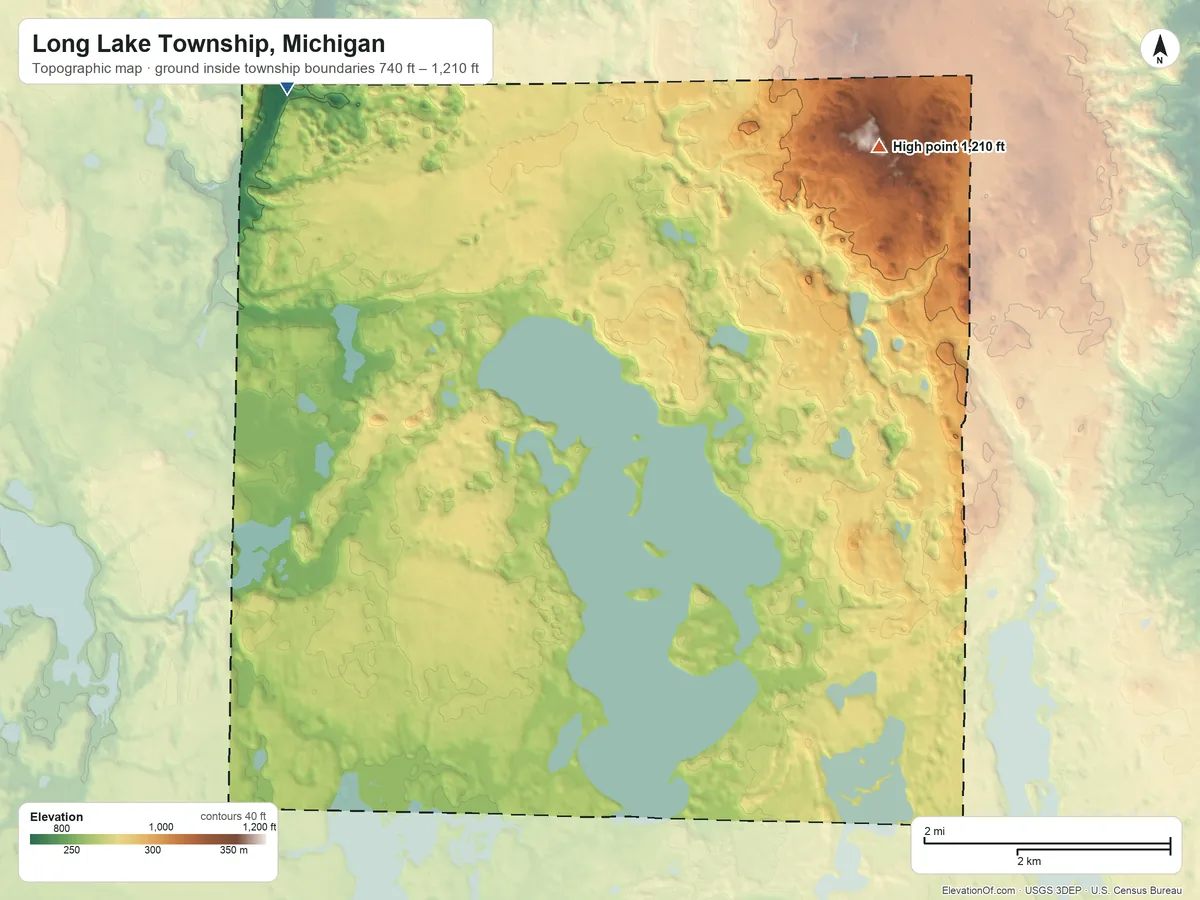Topographic elevation map of Long Lake Township, Michigan, shaded from 740 ft on the northwest side to 1,210 ft on the northeast side