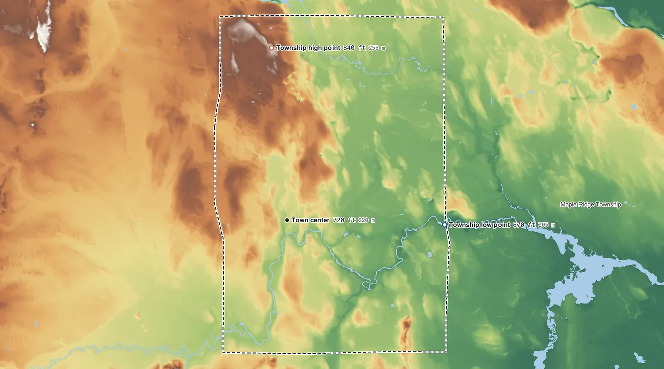 Topographic elevation map of Long Rapids Township, Michigan, shaded from 670 ft on the east side to 840 ft on the north side