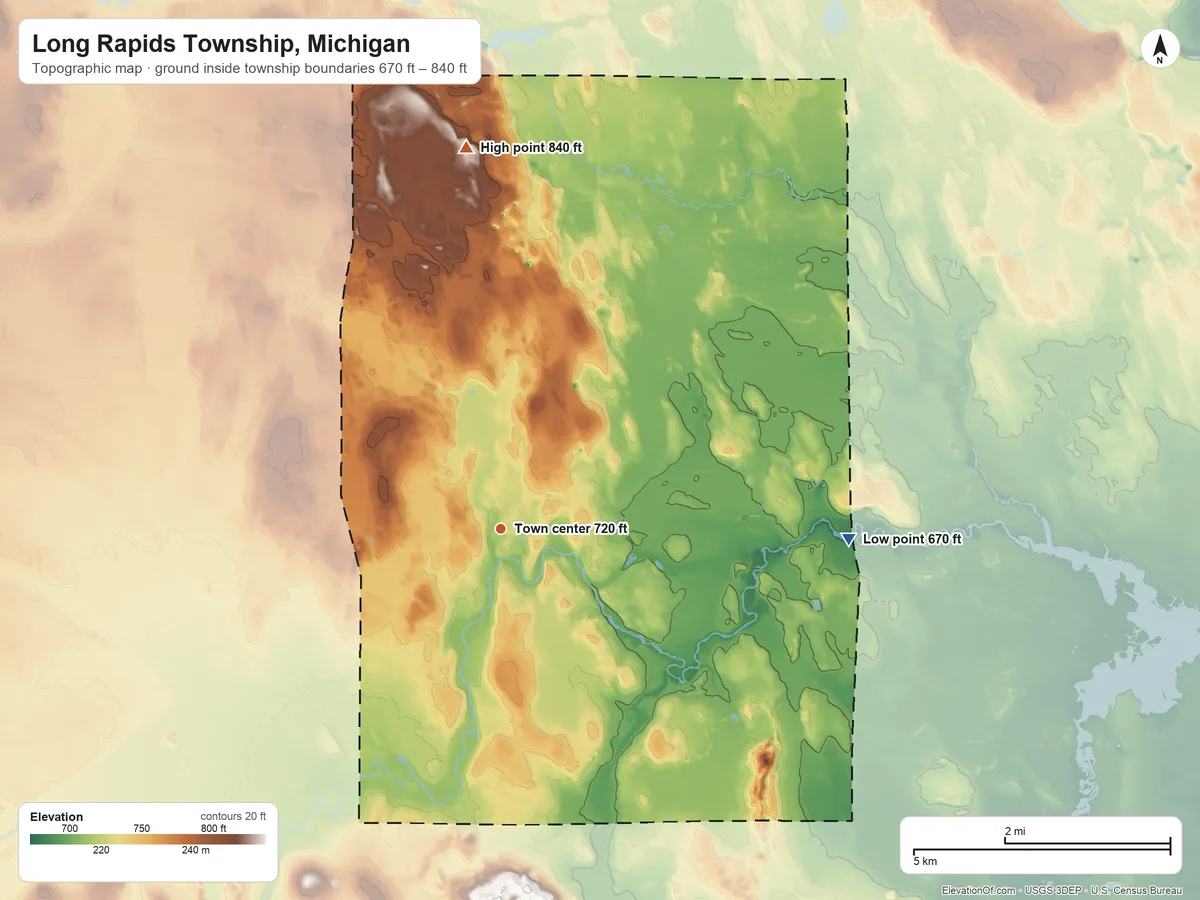 Topographic elevation map of Long Rapids Township, Michigan, shaded from 670 ft on the east side to 840 ft on the north side