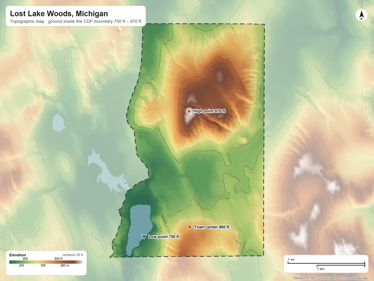 Topographic elevation map of Lost Lake Woods, Michigan, shaded from 750 ft on the west side to 970 ft on the north side