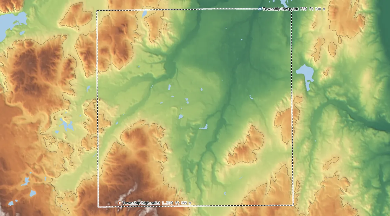 Topographic elevation map of Loud Township, Michigan, shaded from 780 ft on the north side to 1,290 ft on the southwest side