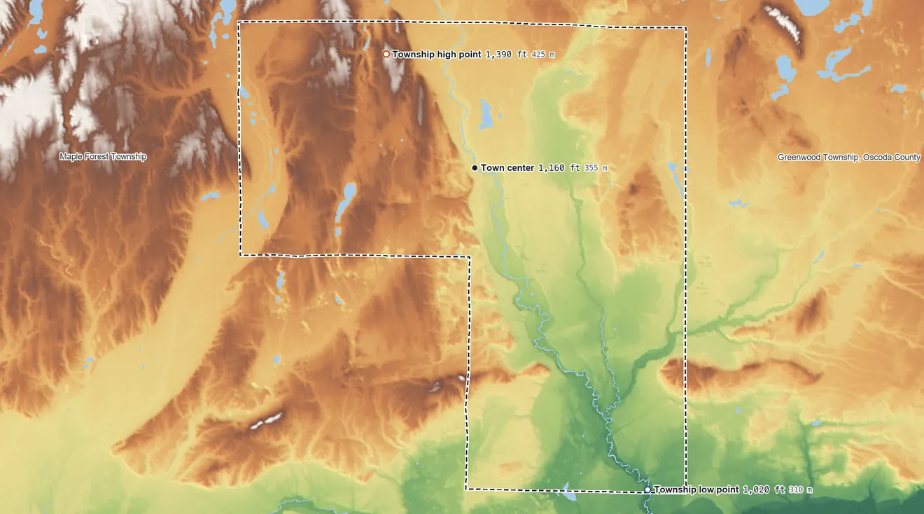 Topographic elevation map of Lovells Township, Michigan, shaded from 1,020 ft on the southeast side to 1,390 ft on the northwest side