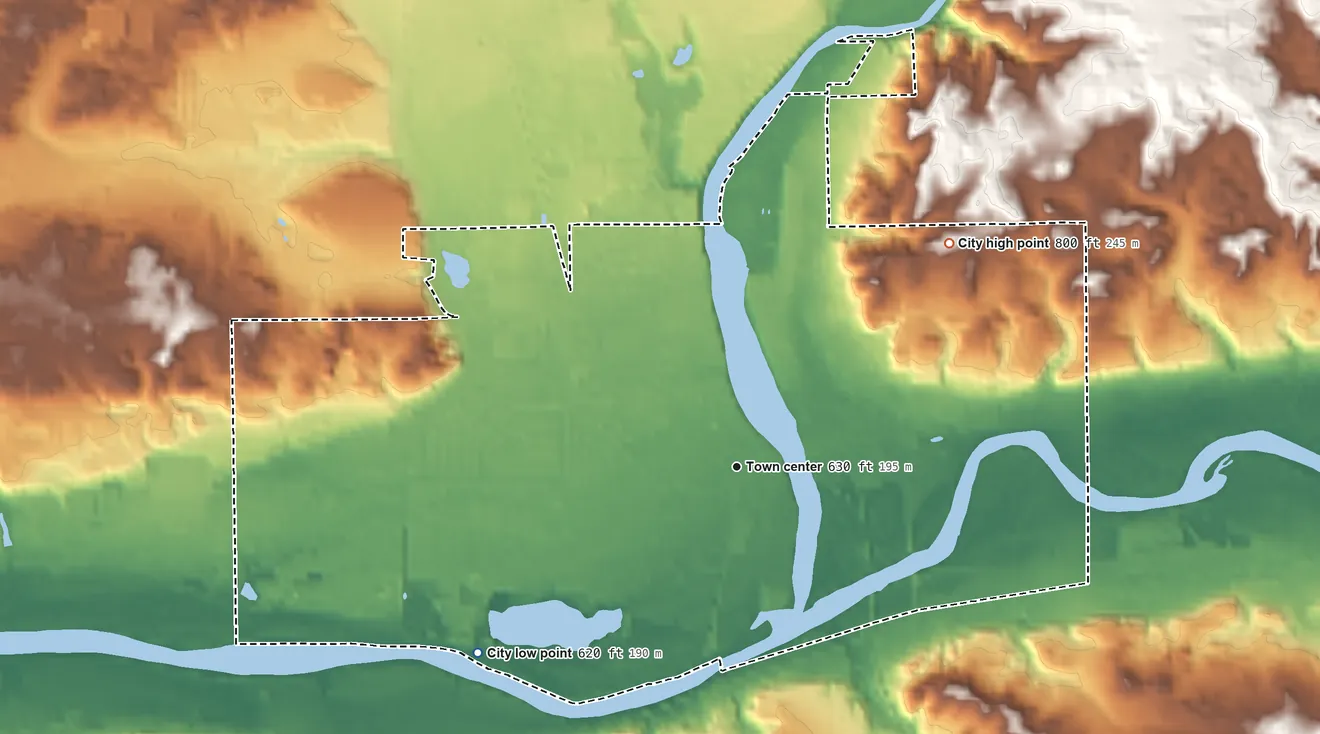 Topographic elevation map of Lowell, Michigan, shaded from 620 ft on the southwest side to 800 ft on the northeast side