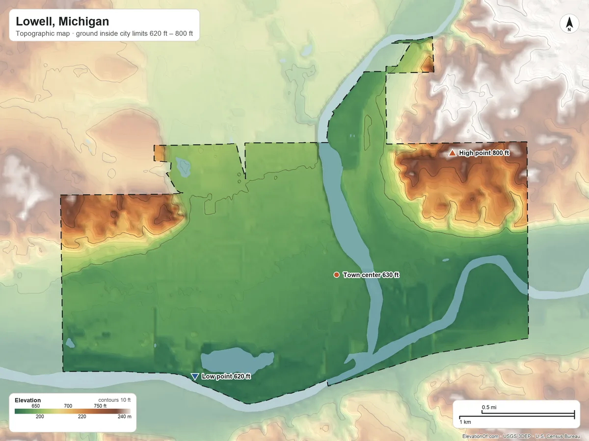 Topographic elevation map of Lowell, Michigan, shaded from 620 ft on the southwest side to 800 ft on the northeast side