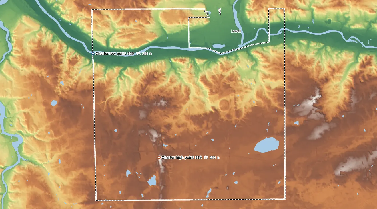 Topographic elevation map of Lowell Township, Michigan, shaded from 610 ft on the west side to 910 ft on the south side