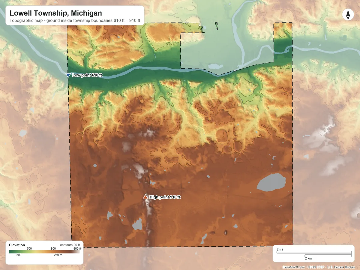 Topographic elevation map of Lowell Township, Michigan, shaded from 610 ft on the west side to 910 ft on the south side