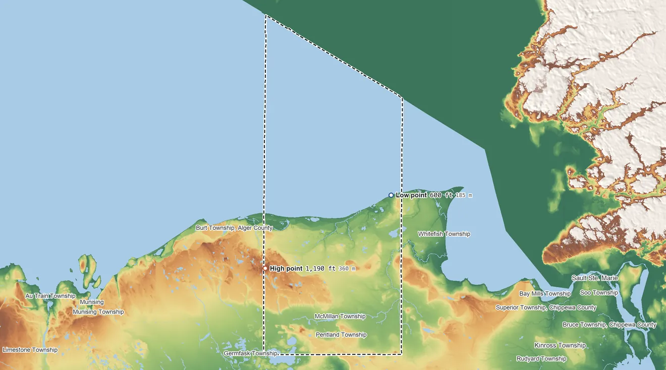 Topographic elevation map of Luce County, Michigan, shaded from 600 ft on the east side to 1,190 ft on the southwest side