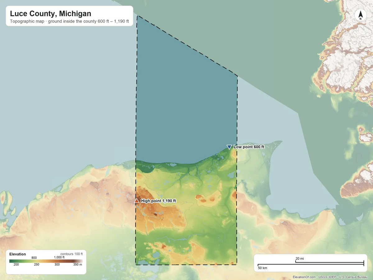 Topographic elevation map of Luce County, Michigan, shaded from 600 ft on the east side to 1,190 ft on the southwest side