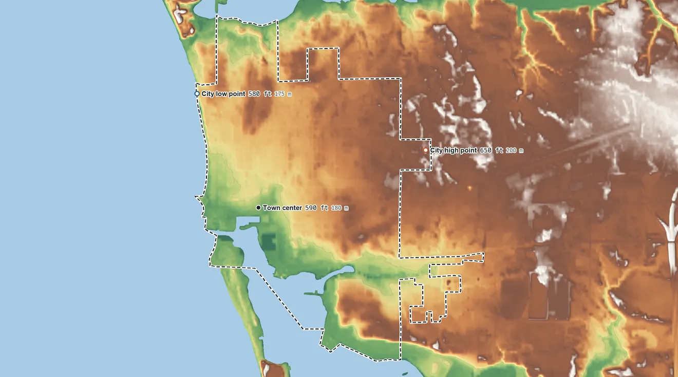 Topographic elevation map of Ludington, Michigan, shaded from 580 ft on the northwest side to 650 ft on the east side