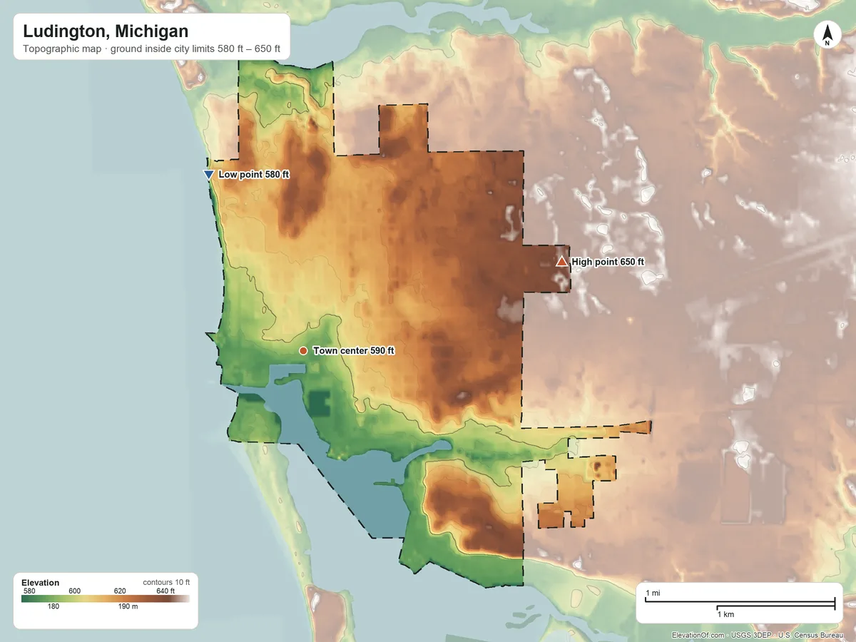 Topographic elevation map of Ludington, Michigan, shaded from 580 ft on the northwest side to 650 ft on the east side