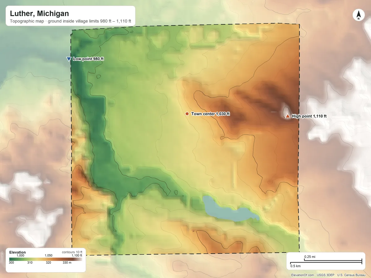 Topographic elevation map of Luther, Michigan, shaded from 980 ft on the northwest side to 1,110 ft on the east side