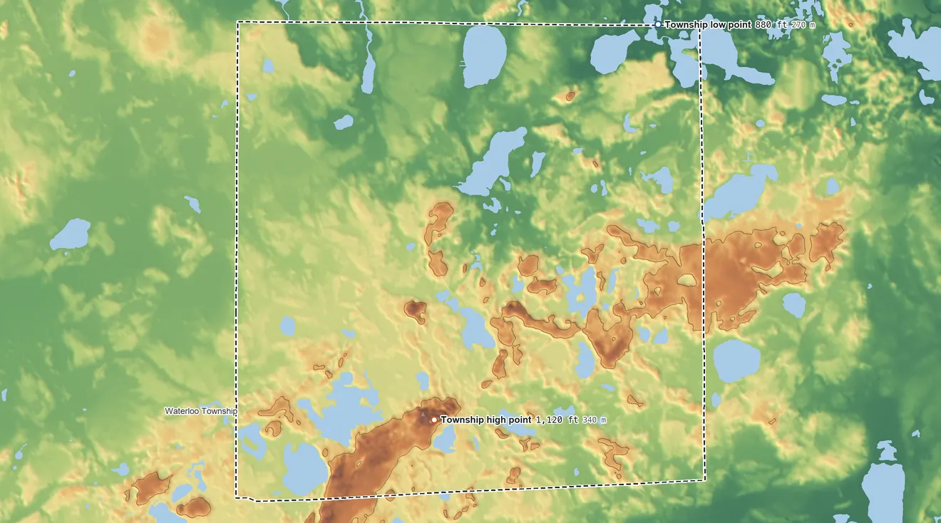 Topographic elevation map of Lyndon Township, Michigan, shaded from 880 ft on the northeast side to 1,120 ft on the south side