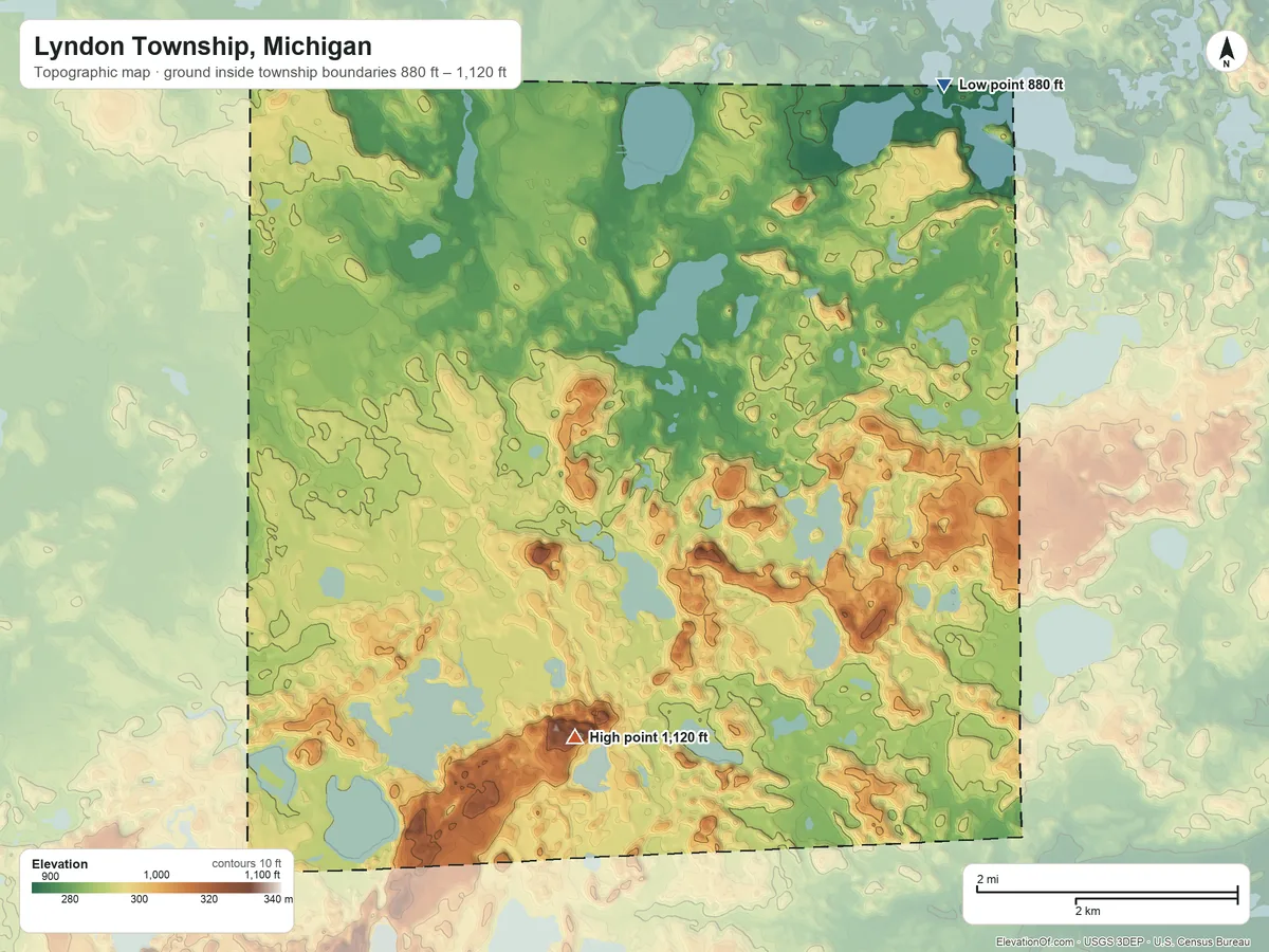Topographic elevation map of Lyndon Township, Michigan, shaded from 880 ft on the northeast side to 1,120 ft on the south side