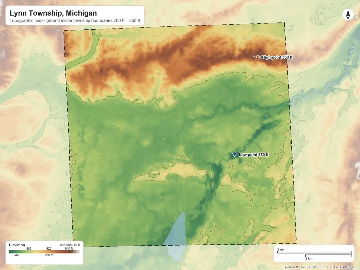 Topographic elevation map of Lynn Township, Michigan, shaded from 780 ft on the southeast side to 850 ft on the northeast side
