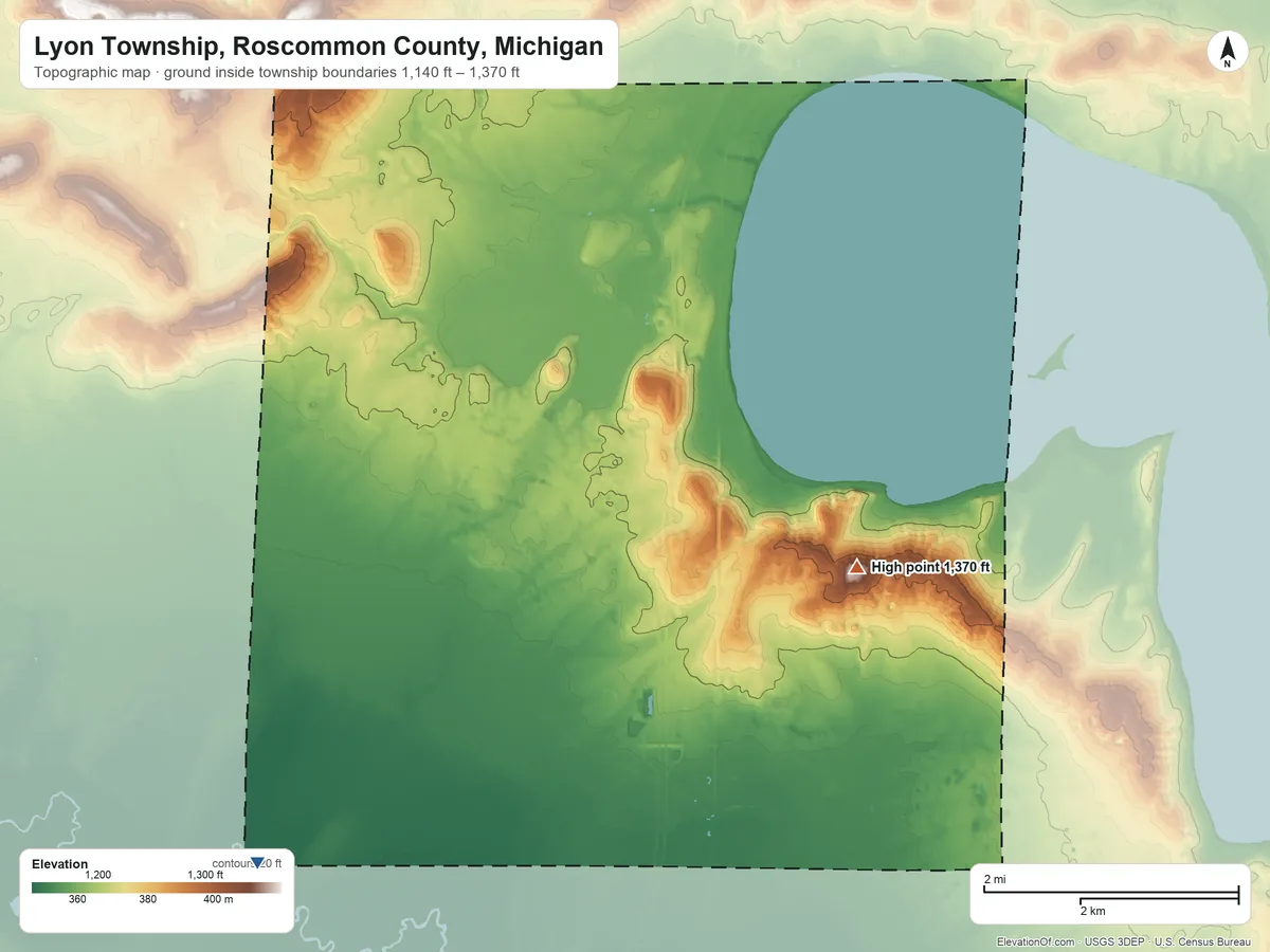 Topographic elevation map of Lyon Township, Roscommon County, Michigan, shaded from 1,140 ft on the southwest side to 1,370 ft on the southeast side
