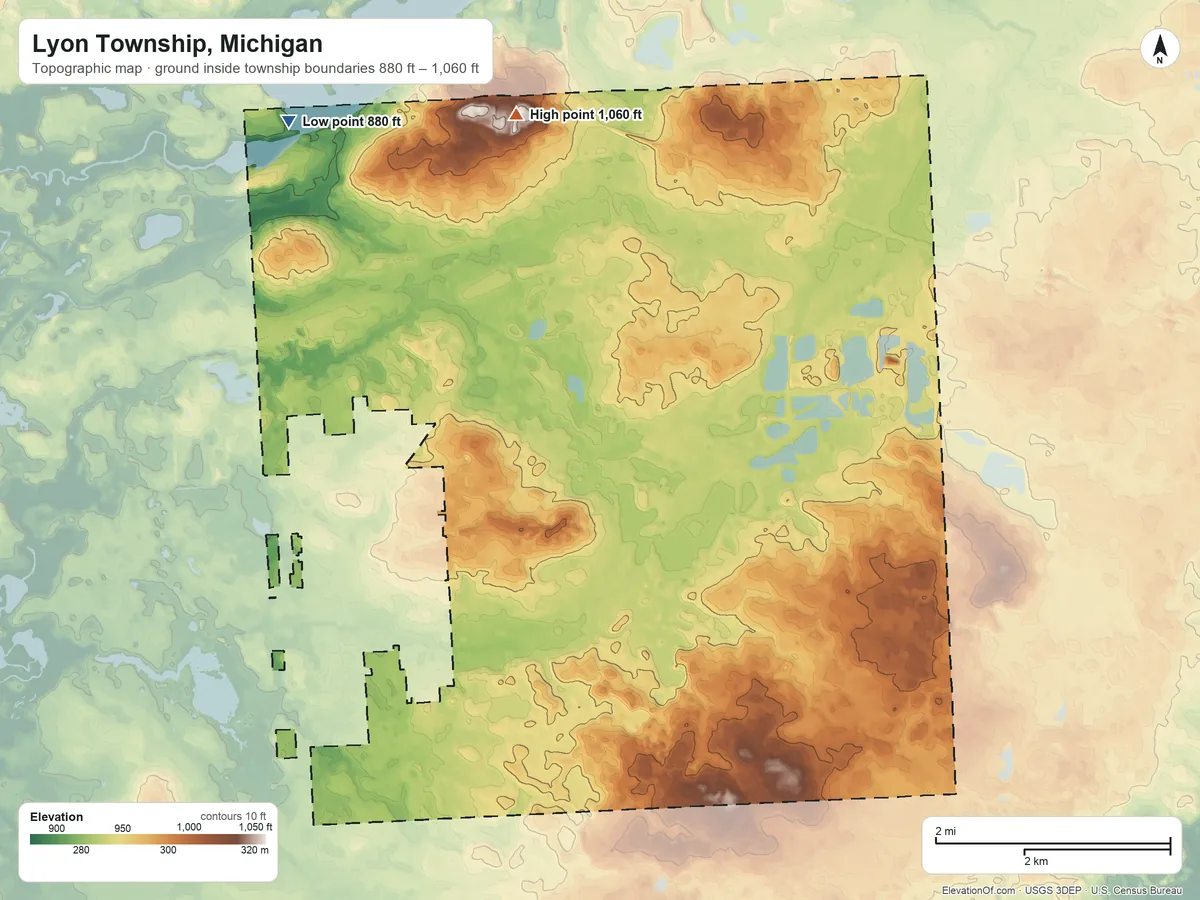 Topographic elevation map of Lyon Township, Michigan, shaded from 880 ft on the northwest side to 1,060 ft on the north side