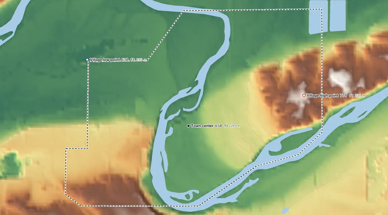 Topographic elevation map of Lyons, Michigan, shaded from 630 ft on the northwest side to 770 ft on the east side
