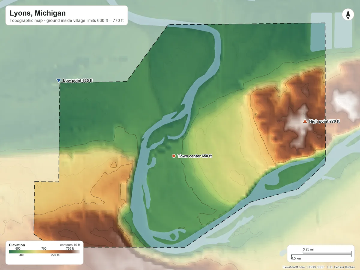 Topographic elevation map of Lyons, Michigan, shaded from 630 ft on the northwest side to 770 ft on the east side