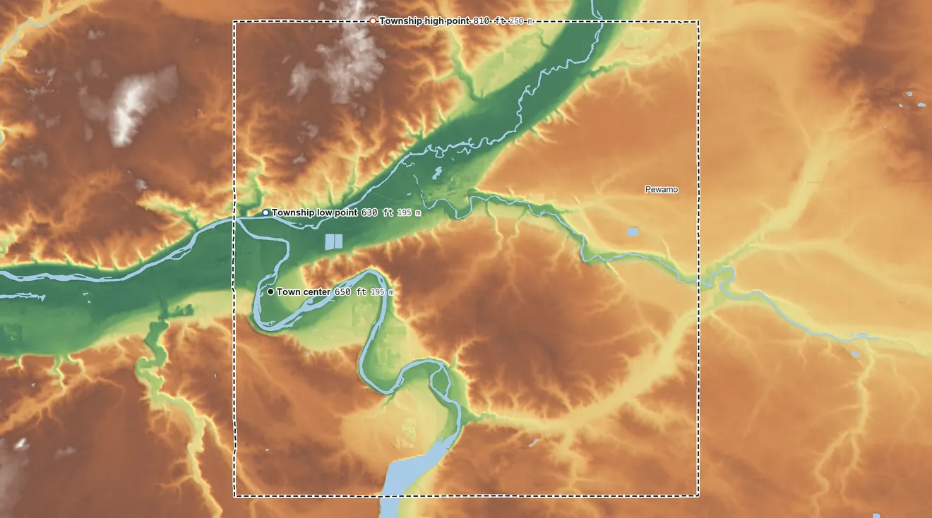 Topographic elevation map of Lyons Township, Michigan, shaded from 630 ft on the north side to 810 ft on the north side