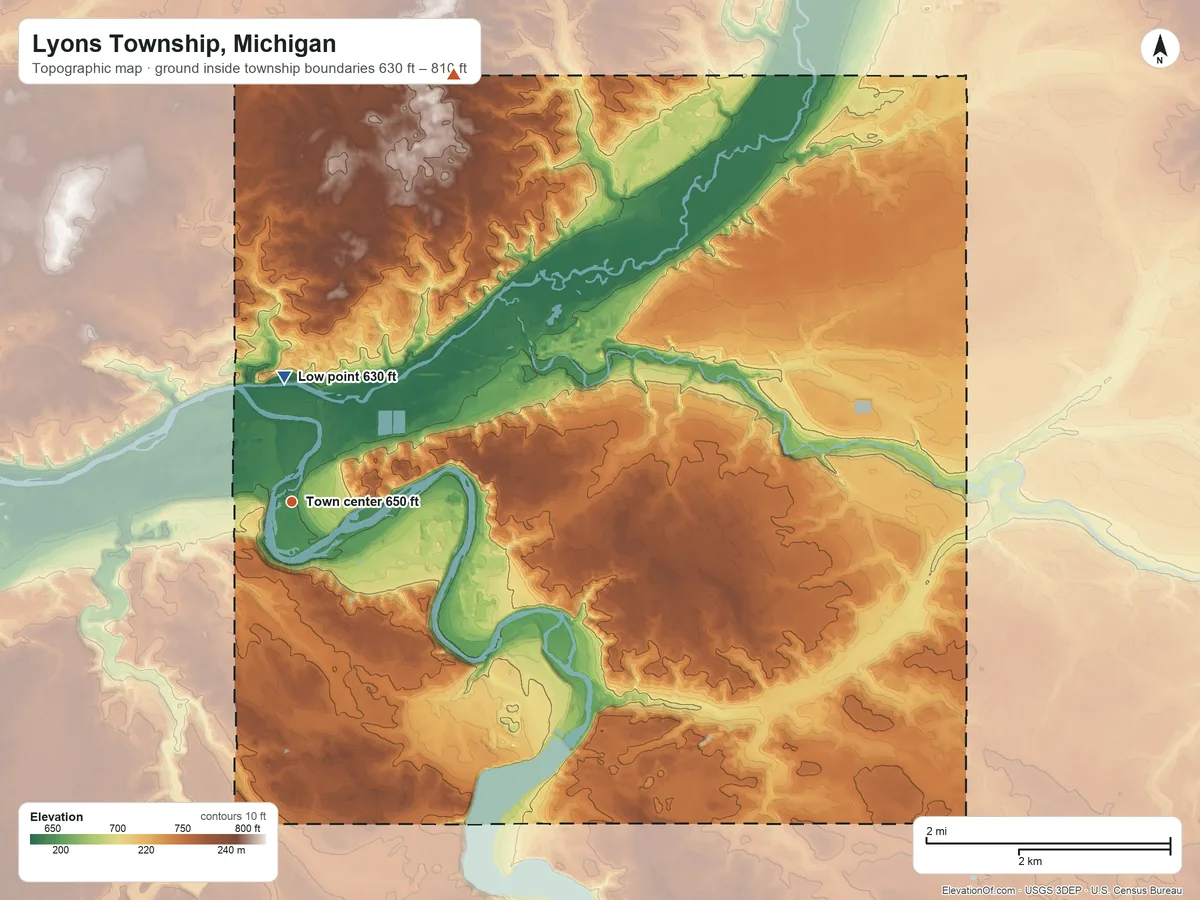 Topographic elevation map of Lyons Township, Michigan, shaded from 630 ft on the north side to 810 ft on the north side