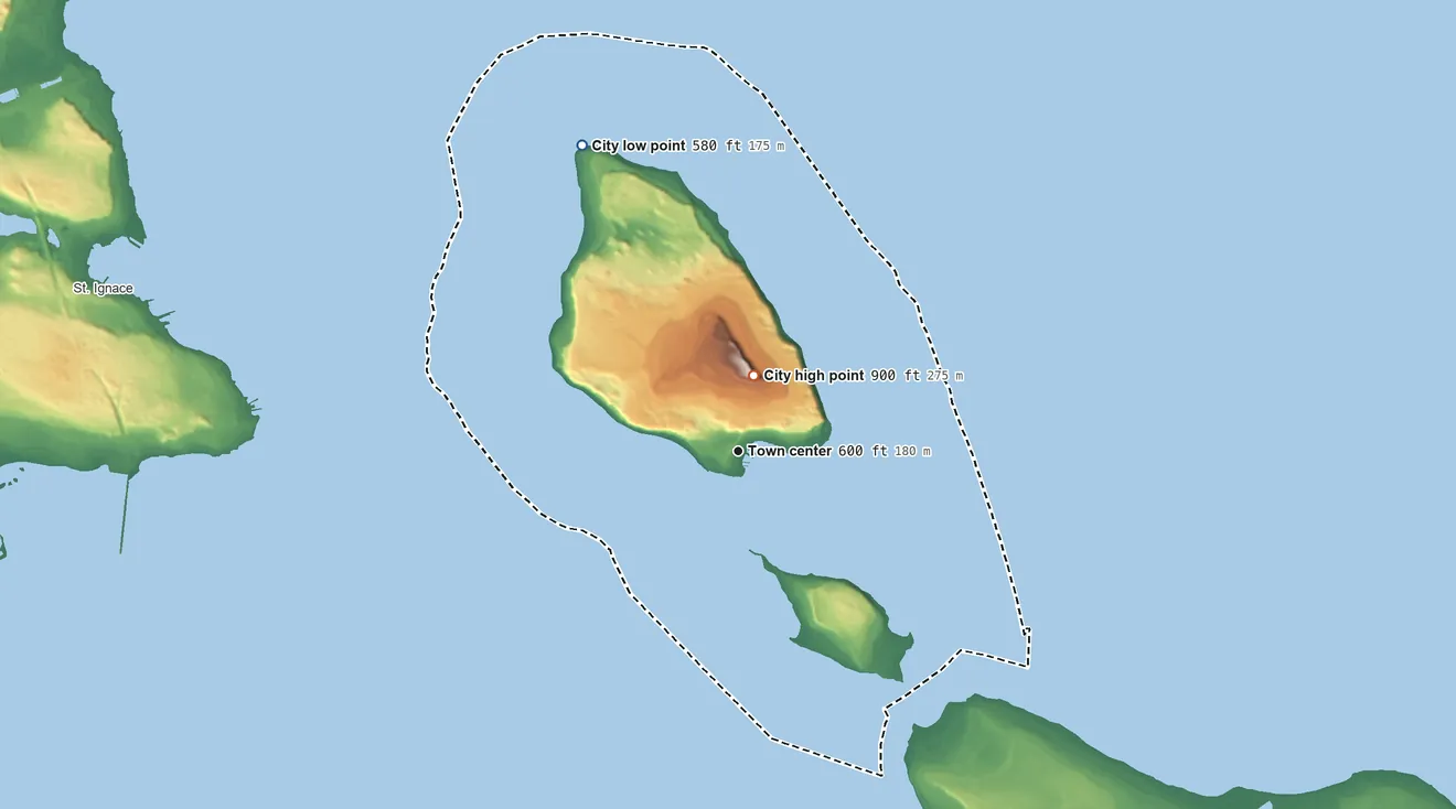 Topographic elevation map of Mackinac Island, Michigan, shaded from 580 ft on the northwest side to 900 ft near the middle