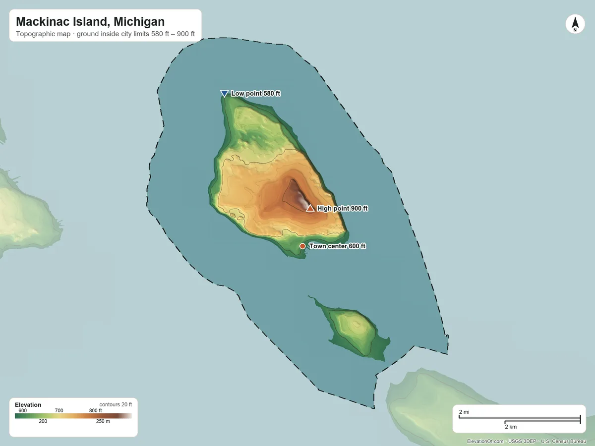 Topographic elevation map of Mackinac Island, Michigan, shaded from 580 ft on the northwest side to 900 ft near the middle