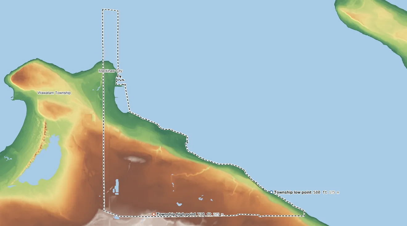 Topographic elevation map of Mackinaw Township, Michigan, shaded from 580 ft on the southeast side to 730 ft on the south side
