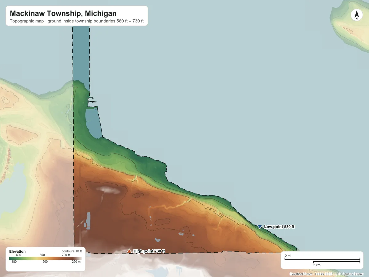 Topographic elevation map of Mackinaw Township, Michigan, shaded from 580 ft on the southeast side to 730 ft on the south side