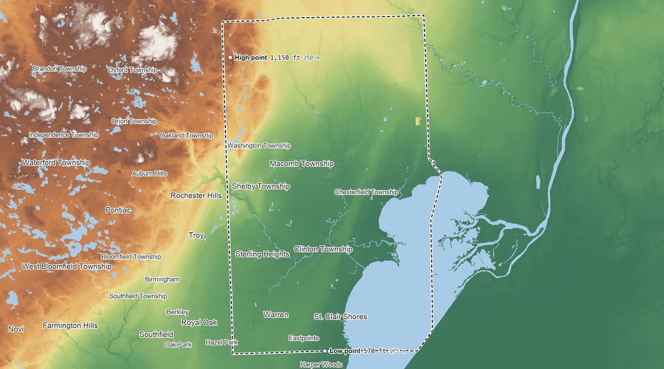 Topographic elevation map of Macomb County, Michigan, shaded from 570 ft on the south side to 1,150 ft on Twombly Mountain