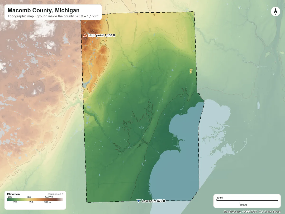 Topographic elevation map of Macomb County, Michigan, shaded from 570 ft on the south side to 1,150 ft on Twombly Mountain