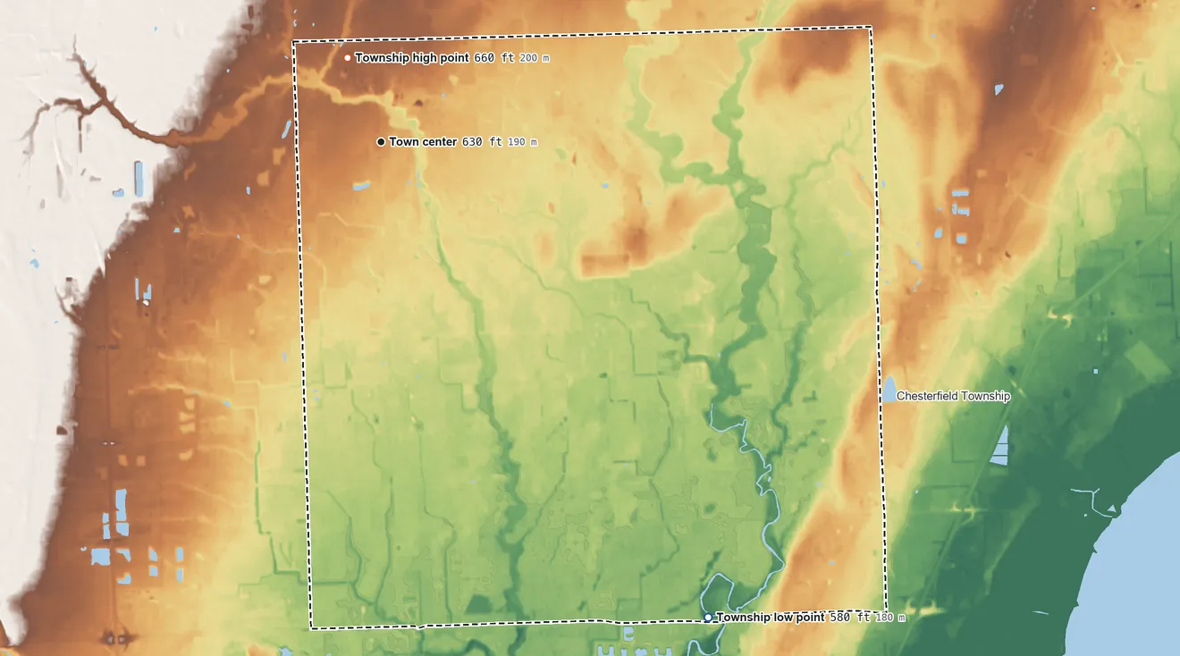 Topographic elevation map of Macomb Township, Michigan, shaded from 580 ft on the southeast side to 660 ft on the north side