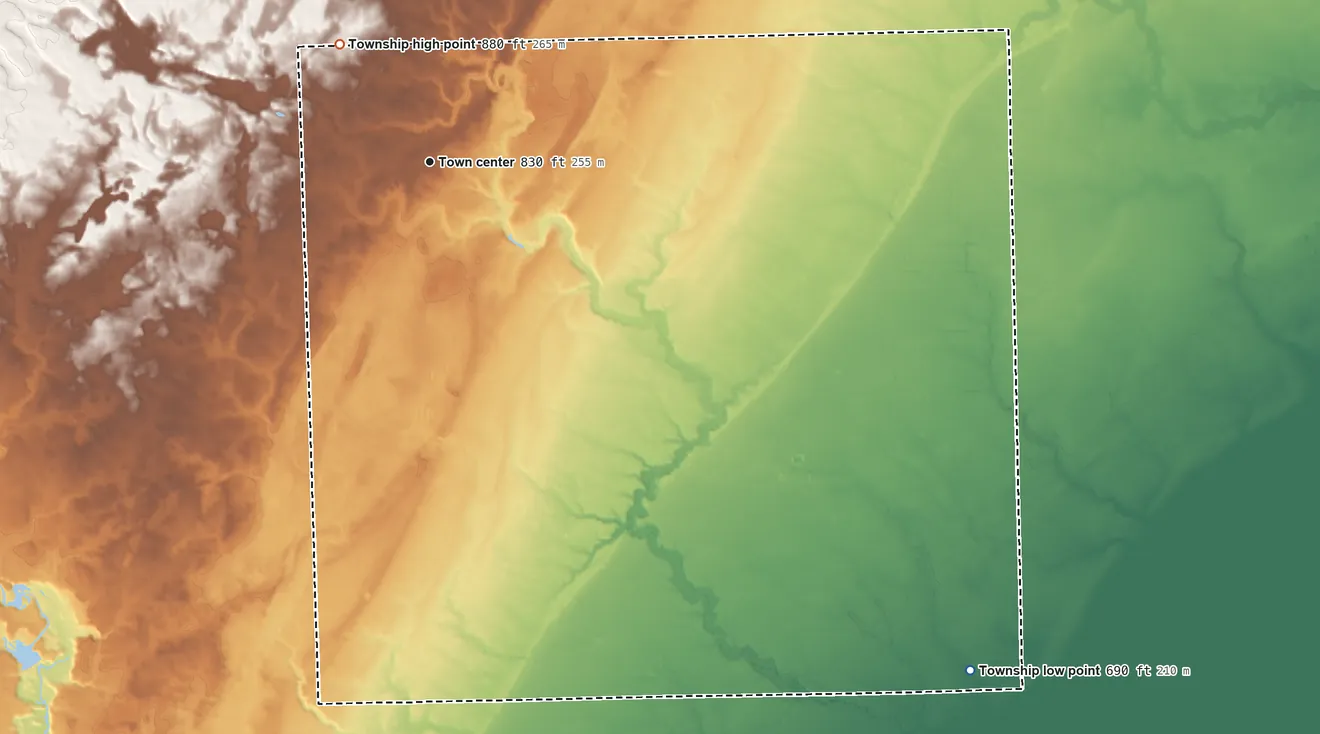 Topographic elevation map of Macon Township, Michigan, shaded from 690 ft on the southeast side to 880 ft on the northwest side
