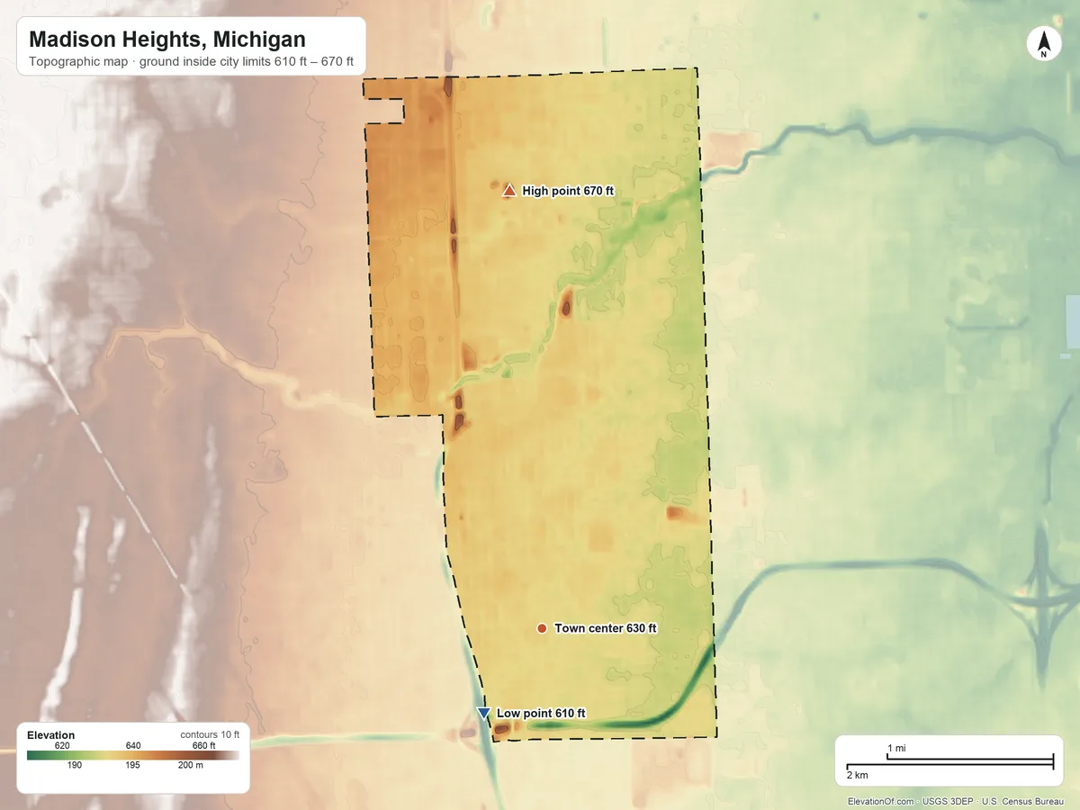 Topographic elevation map of Madison Heights, Michigan, shaded from 610 ft on the southwest side to 670 ft on the north side