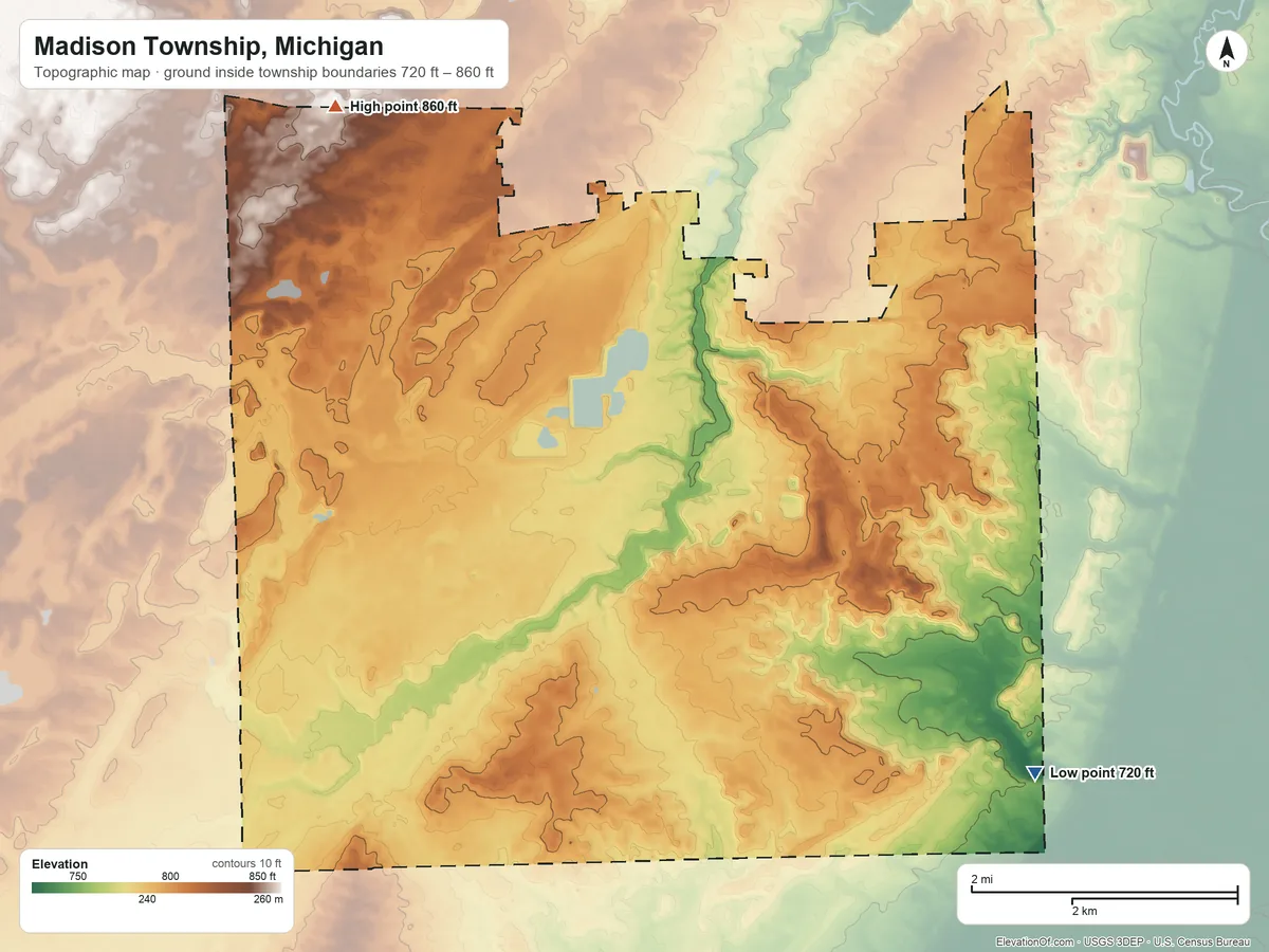 Topographic elevation map of Madison Township, Michigan, shaded from 720 ft on the southeast side to 860 ft on the northwest side