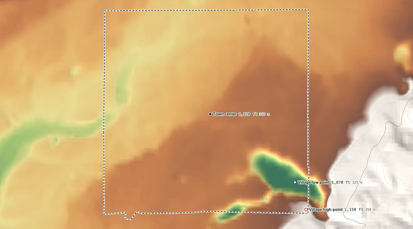 Topographic elevation map of Mancelona, Michigan, shaded from 1,070 ft on the southeast side to 1,150 ft on the southeast side