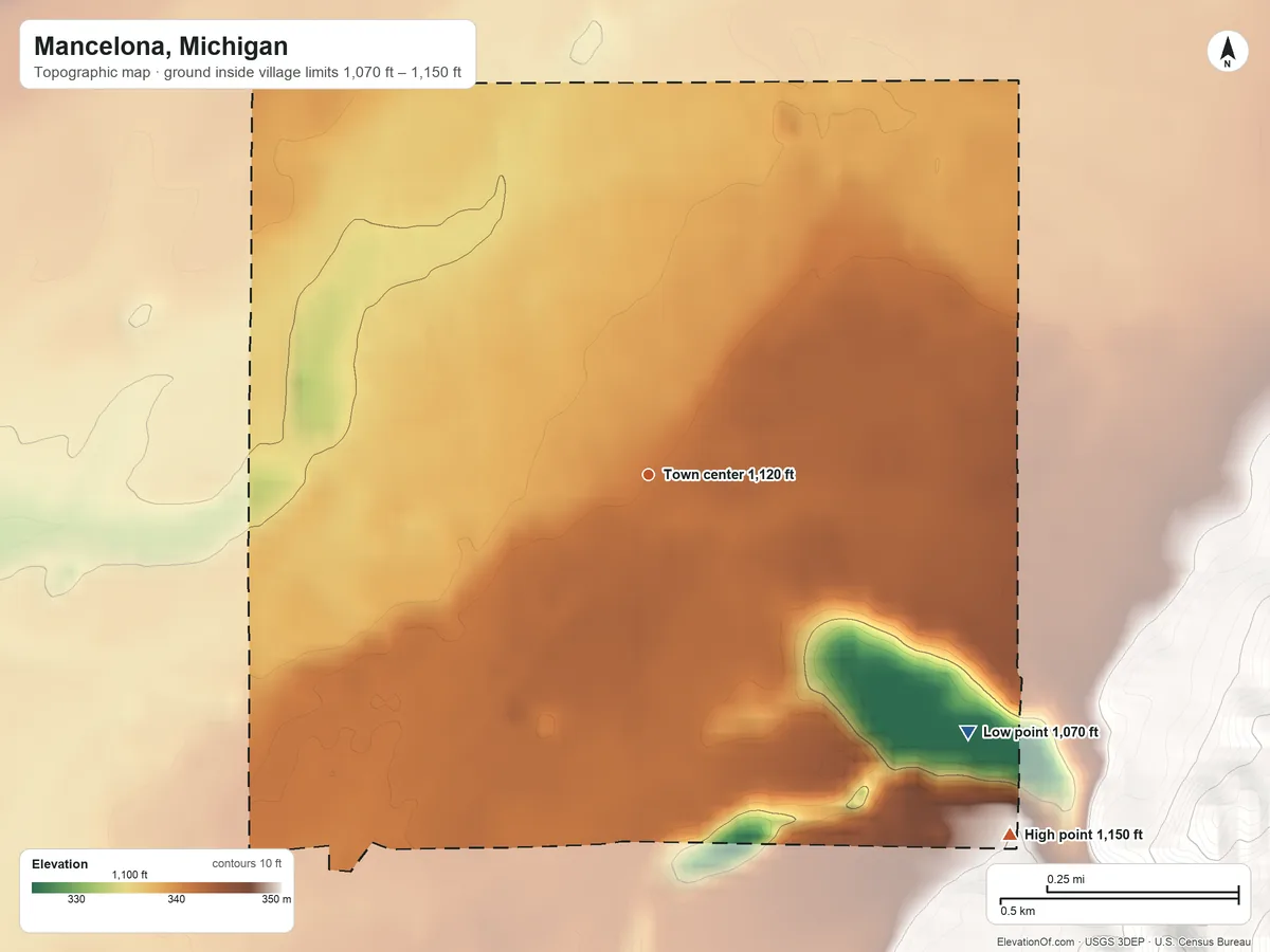 Topographic elevation map of Mancelona, Michigan, shaded from 1,070 ft on the southeast side to 1,150 ft on the southeast side